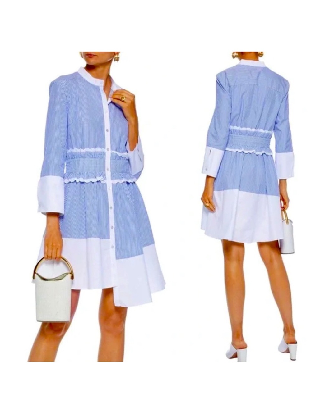 Marissa Webb Blue and White Striped Long-Sleeve Shirt Dress